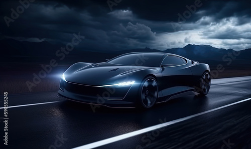 Futuristic sports car on drak dramatic cloudy environment. Car riding on high speed in the night photo