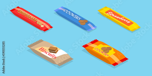 3D Isometric Flat Vector Set of Snack Packages, Chocolate and Biscuit