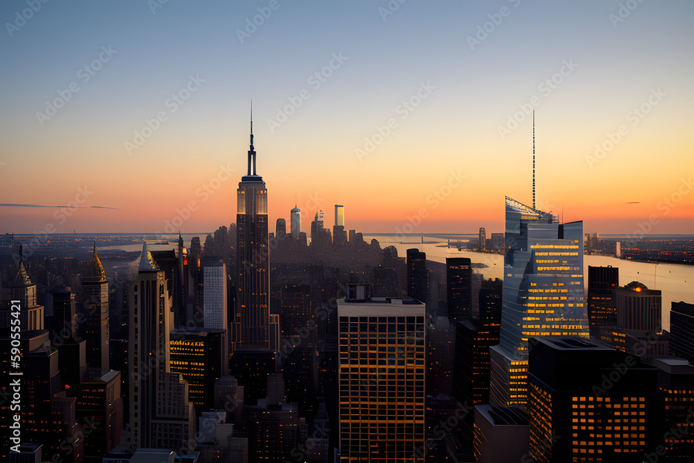 Manhattan downtown skyline at dusk in New York City.