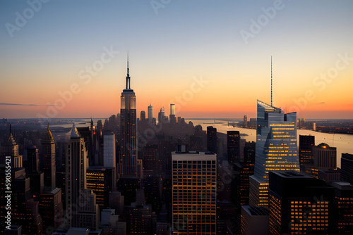 Manhattan downtown skyline at dusk in New York City.
