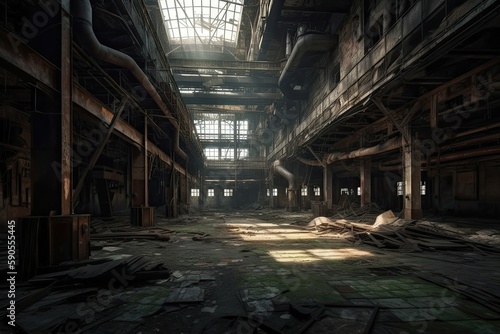 Abandoned factory looks like a haunting, empty shell of its former self. Generative AI