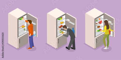 3D Isometric Flat Vector Set of Food In Fridge, People are Check Refrigerator