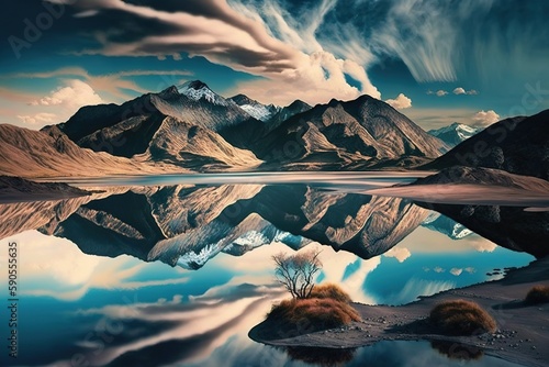 Under a stunning sky, mountains reflect in the water as the shoreline recedes. Generative AI photo