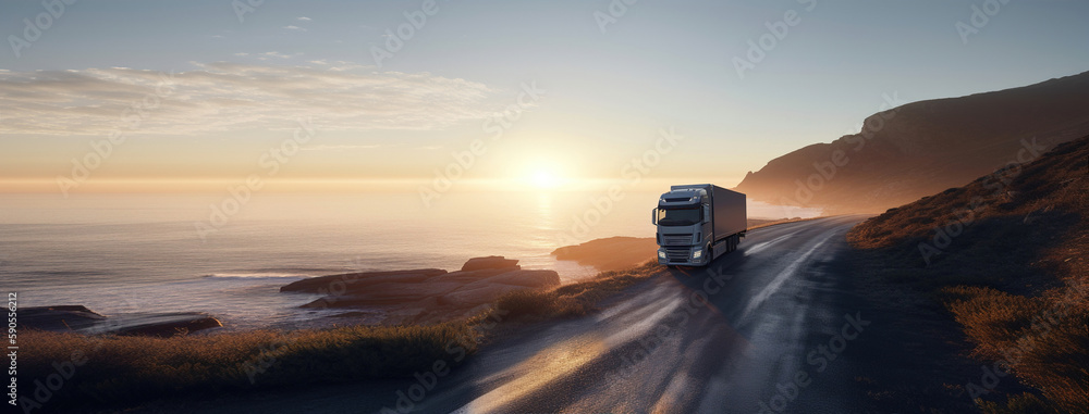 Truck on the road with sunset above the sea at background. Delivery, transport concepts. Created using generative AI tools - obrazy, fototapety, plakaty 