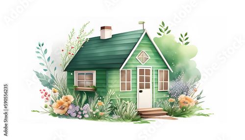 Watercolor green wooden vintage style barn in countryside landscape. Watercolor illustration of green farmhouse. Green barn, wooden windmill, village. Farm and countryside element. White background photo