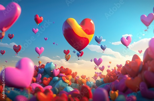 Colorful of Heart falling on the sky. Selective focus. Concept Valentine Day. Generative Ai.
