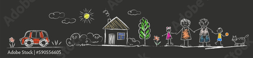 Family - little girl and boy holding hands with mother and father, cat, car, bird, House, sun, clouds, flowers, summer day. doodles are drawn by a child's hand with chalk on asphalt, school board.