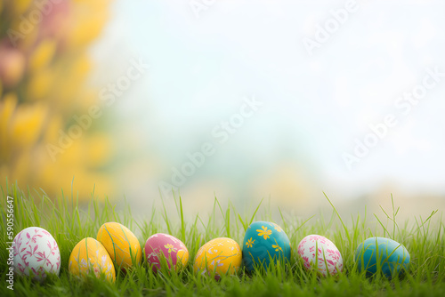 A collection of painted easter eggs celebrating a Happy Easter on a spring day with green grass meadow background with copy space, Generative AI