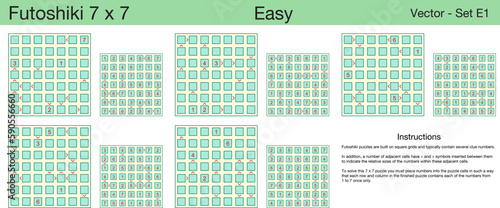 5 Easy Futoshik 7 x 7 Puzzles. A set of scalable puzzles for kids and adults, which are ready for web use or to be compiled into a standard or large print activity book.