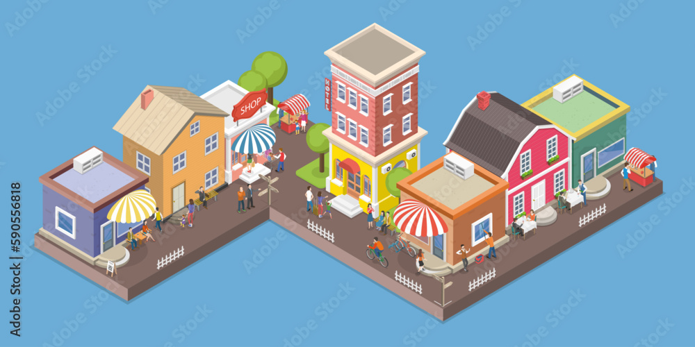 3D Isometric Flat Vector Conceptual Illustration of Urban Life, Street Cafes and Restaurans Old City