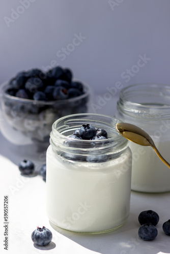 Homemade yogurt with blueberries. Yogurt in jars on a white background