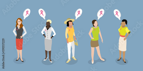 3D Isometric Flat Vector Conceptual Illustration of Women with Pink Support Ribbons, Health Care and Medical Info