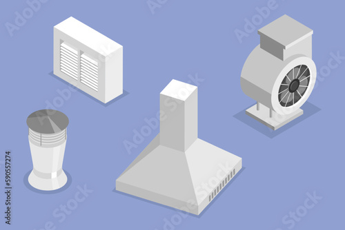 3D Isometric Flat Vector Set of Air Duct System Items, Ventilation, Cooling and Cleaning