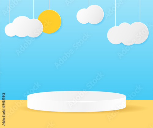 3D paper cut of Summer season . Sun and clouds on blue sky background with circular stage podium for products display presentation. Vector