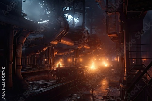 Glowing furnaces and machinery of the steel mill create a surreal, almost otherworldly atmosphere. Generative AI