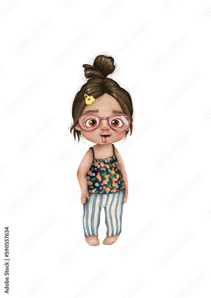 baby girl watercolor illustration with cute hairstyle glasses pajamas baby girl watercolor illustration with cute hairstyle glasses pajamas