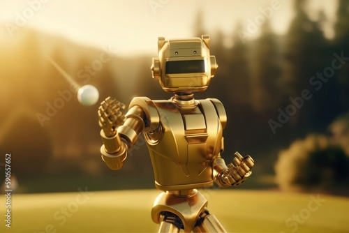Golden Robot Pro Golfer On Golf Course Playing Golf At Dawn Generative AI