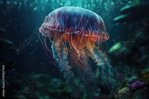 Jelly fish in aquarium. AI generated art illustration.