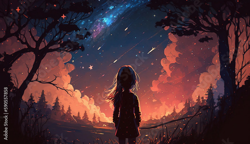 Stargazing Wonder: A Digital Painting of a Young Girl Marveling at the Night Sky