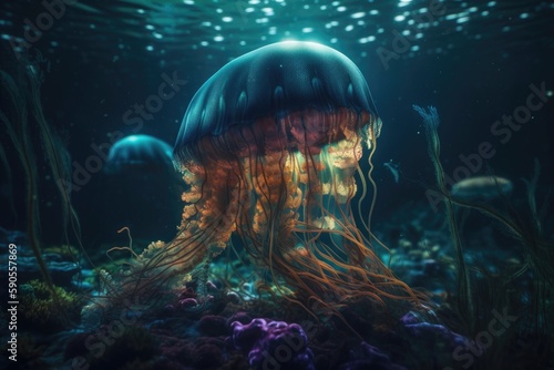Jelly fish in aquarium. AI generated art illustration.