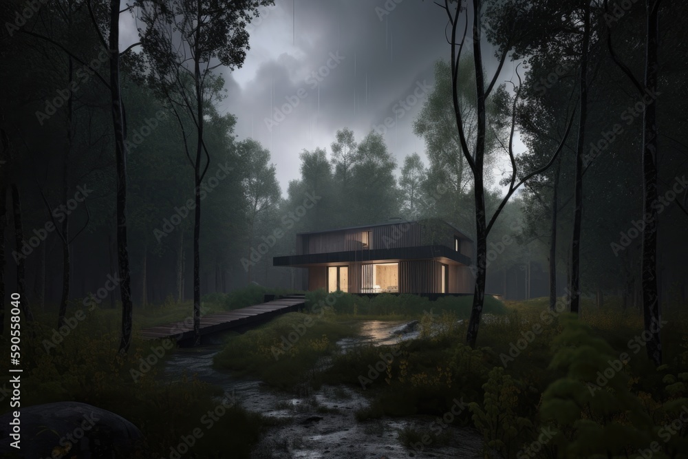 House in the forest. AI generated art illustration.
