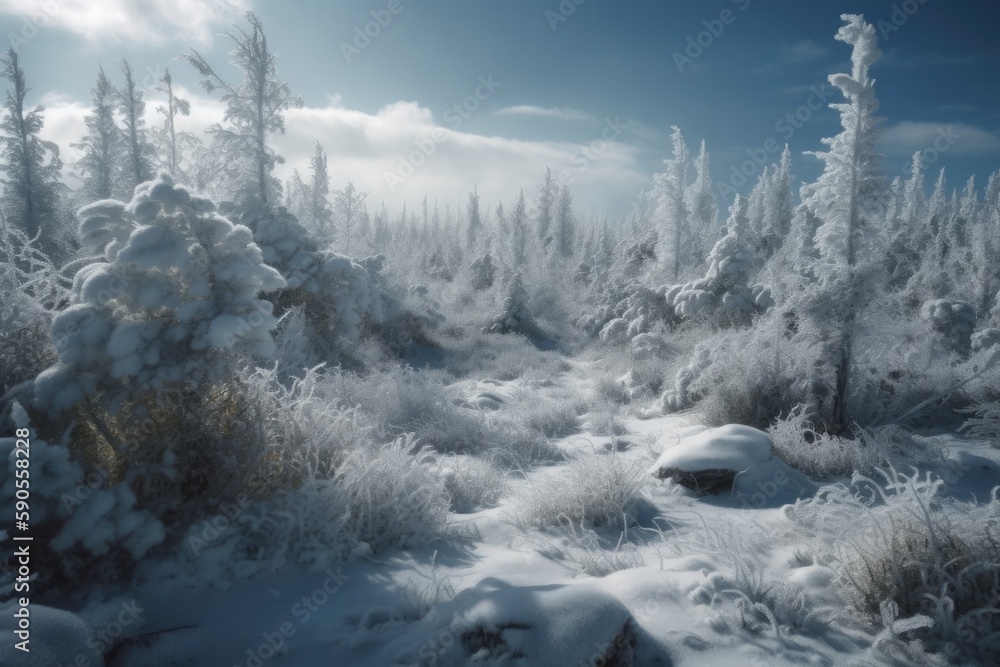 Winter forest in the fog. AI generated art illustration. Winter forest in the fog. AI generated art illustration.