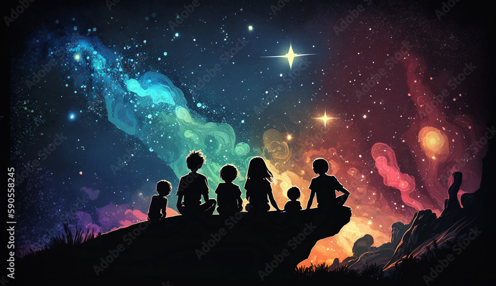 Children Gazing at a Magical Night Sky