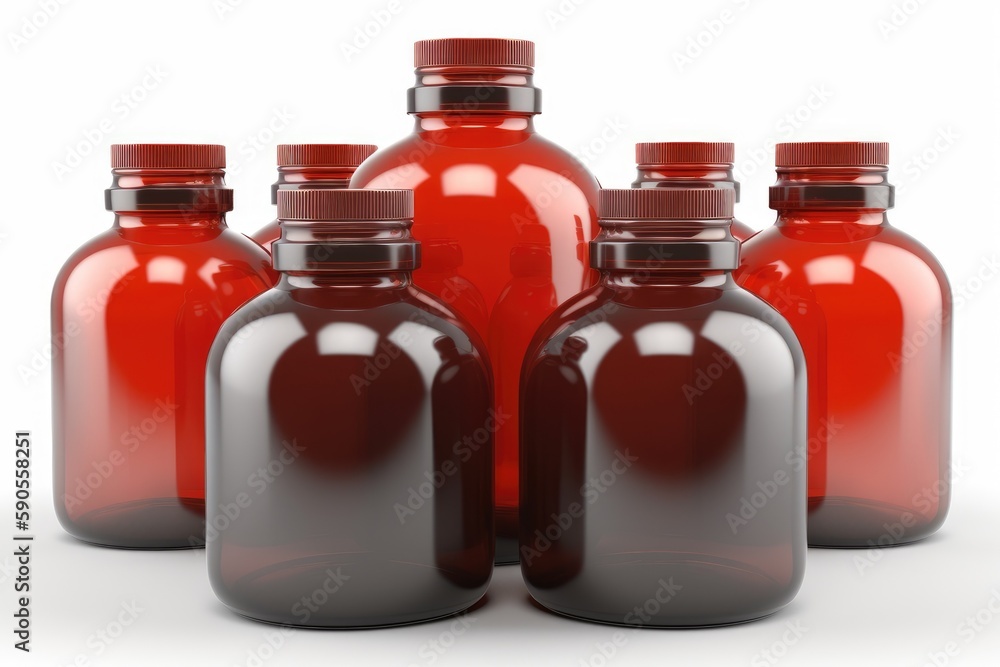 row of red bottles lined up on a shelf. Generative AI row of red bottles lined up on a shelf. Generative AI