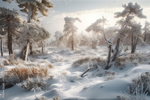 Winter forest in the fog. AI generated art illustration.