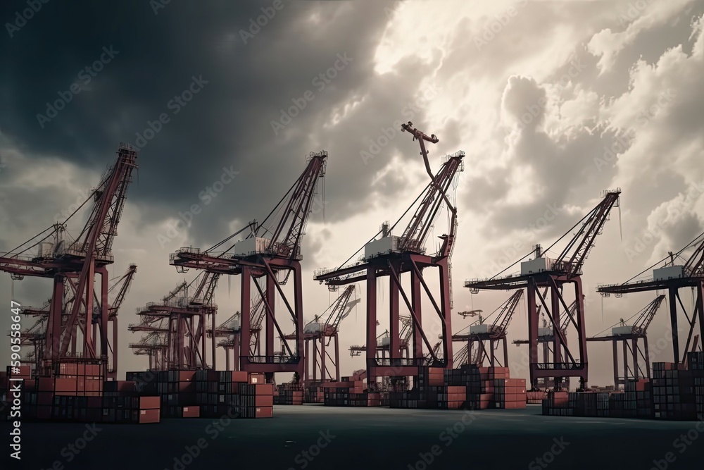 Massive cranes and shipping containers of the port loom large against the sky. Generative AI