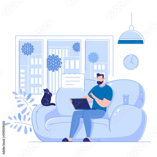Young man spends time on social networks or works at computer, sitting on sofa by window at home or in office in comfortable, relaxed atmosphere. Flat character vector illustration. files AI, EPS, jpg