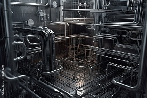 Maze of metal pipes and wires of the semiconductor factory creates an intricate, almost artistic pattern. Generative AI