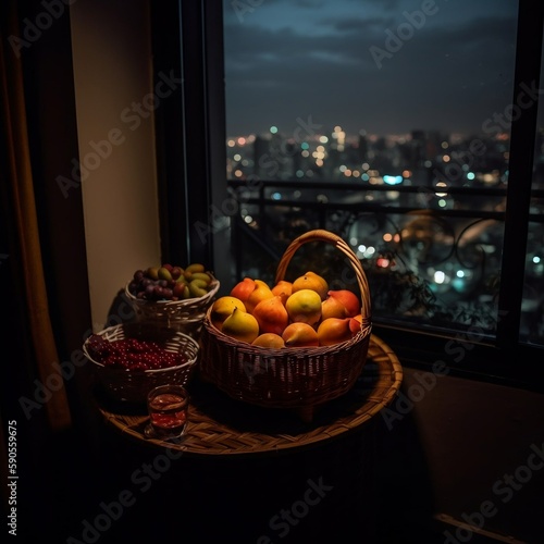 Fruits in a basket infront of a window with a city view