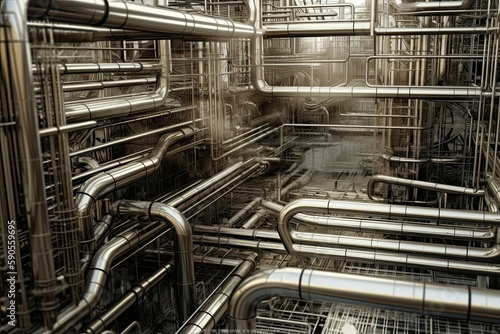 Maze of metal pipes and wires of the semiconductor factory creates an intricate, almost artistic pattern. Generative AI
