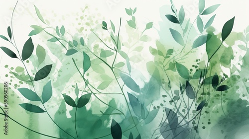 Natural Watercolor Background with Branches and Leaves. AI Generation