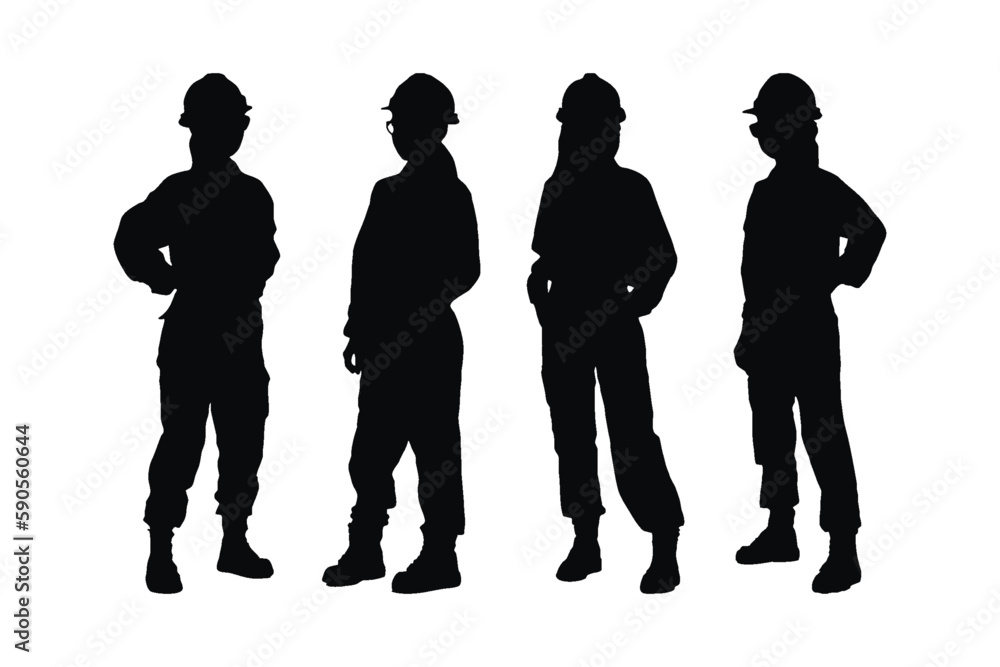 Female architect silhouette set vector wearing construction uniforms. Girl worker silhouette bundle with different poses. Women architect silhouette collection standing in different poses.