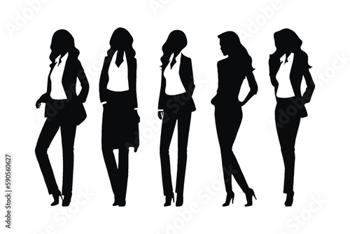 Lady businessman silhouette vector collection. Stylish businesswoman silhouette set standing in different poses. Modern female models silhouette bundles wearing suits with different poses.