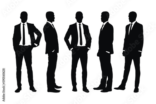 Male businessman silhouette collection with different poses. Stylish businessman silhouette set standing in different poses. Modern Male models silhouette bundles wearing suits vector bundle.