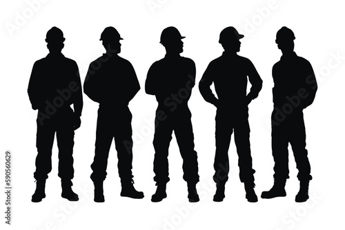 Male bricklayer silhouette bundles wearing construction uniforms vector. Male Mason silhouette collection with different poses. Man construction worker silhouette set standing in different poses.