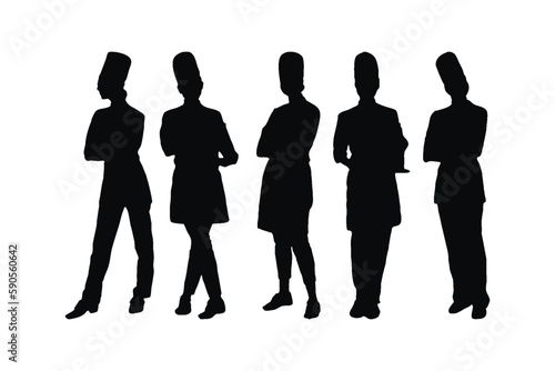 Women baker silhouette collection wearing chef uniforms. Female bakery silhouette set vectors standing in different poses. Girl bakeries silhouette bundle with different poses and styles.