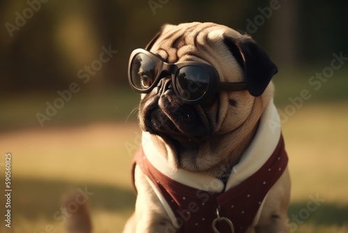 Pug With Shades Golfing At Sunset Generative AI