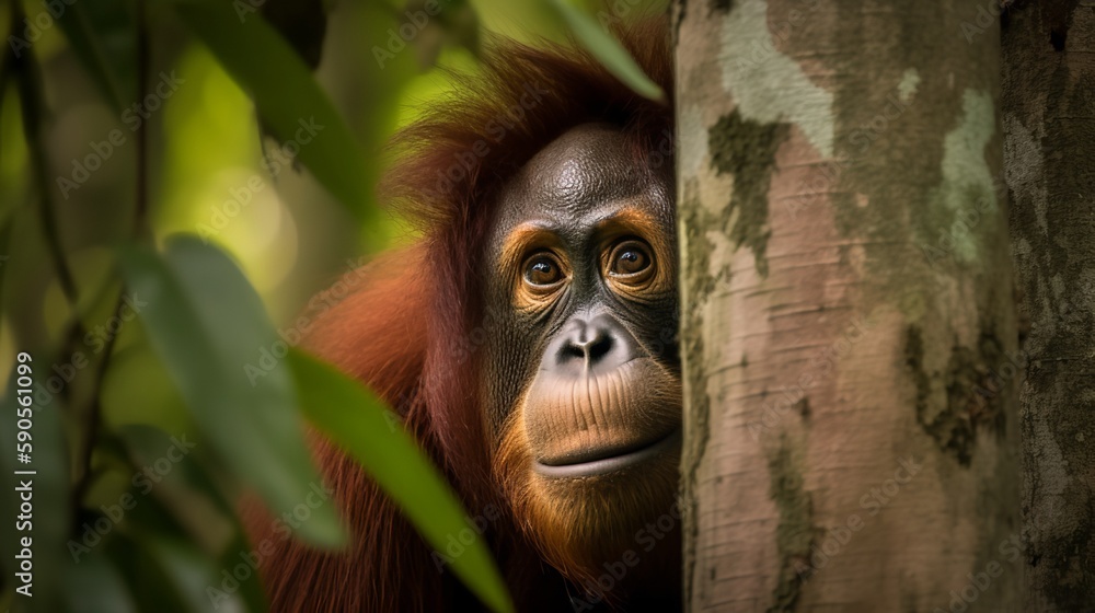 Fototapeta premium Inquisitive Orangutan Peeking from Behind Tree