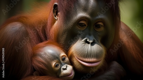 Gentle Orangutan Mother and Baby