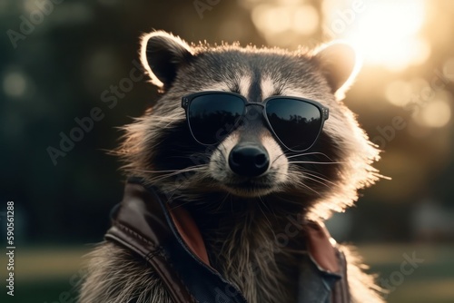 Raccoon With Sunglasses On Fairway At Sunset Generative AI