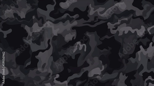 Seamless Rough Textured Military  Hunting  or Paintball Camouflage Pattern in Dark Black and Gray Palette. AI Generation
