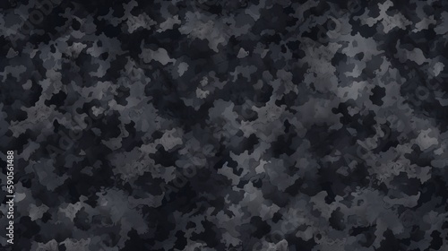 Seamless Rough Textured Military, Hunting, or Paintball Camouflage Pattern in Dark Black and Gray Palette. AI Generation