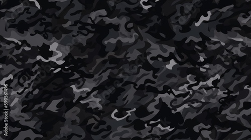 Seamless Rough Textured Military, Hunting, or Paintball Camouflage Pattern in Dark Black and Gray Palette. AI Generation