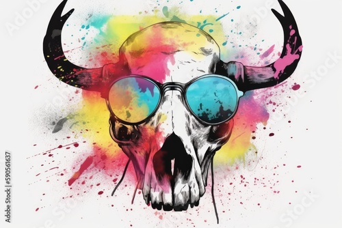 buffalo skull in sunglasses realistic with paint splatter abstract