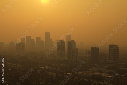 Sun struggles to penetrate the smog  casting a sickly yellow glow over everything. Generative AI