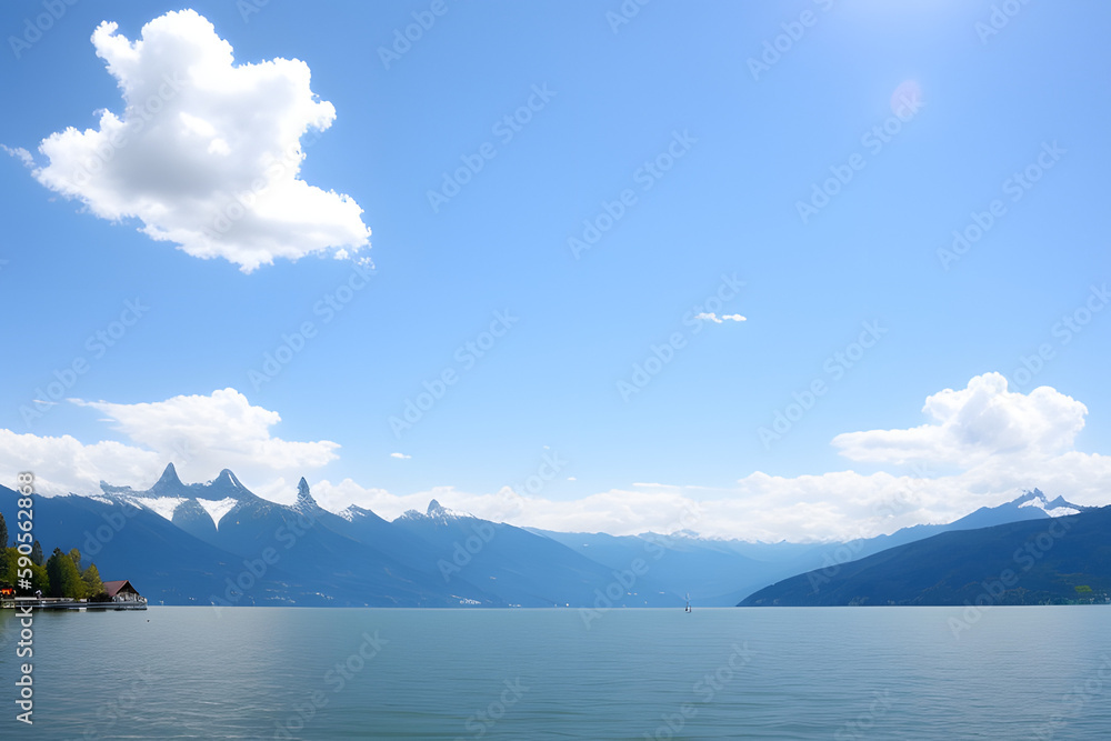 Germany, Bodensee lake view to peaks of alps mountains from coast of the beautiful clear water of the lake of constance with blue sky